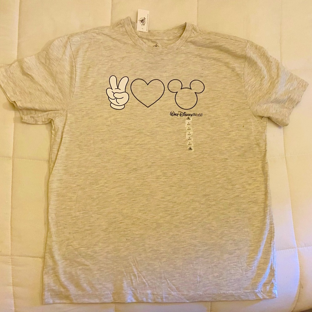 Disney Parks Walt Disney World Shirt Adult L Gray Mickey Mouse Love Peace NWT